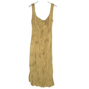 Anthropologie M Vintage Tan Gold Crinkle Pleated Broomstick Midi Dress 90s Y2K